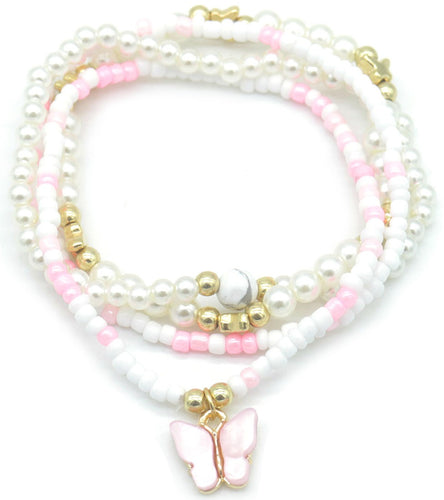 Set van 4 elastische enkelbandjes met witte kralen en gouden vlinder
