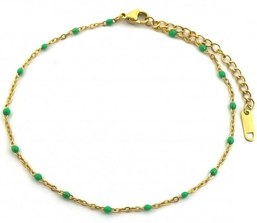 Fijn enkelbandje goud met groene balletjes