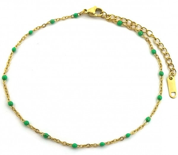 Fijn enkelbandje goud met groene balletjes
