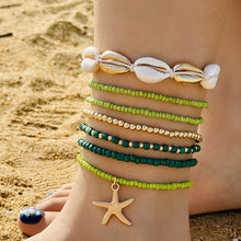 Afbeelding in Gallery-weergave laden, Enkelbandje set van 7 elastische kralen en kaurischelp Ibiza stijl dames
