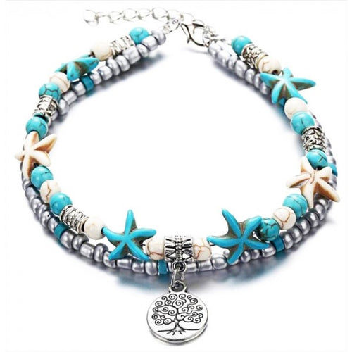 Enkelbandje Turquoise Trea of Life met turquoise zeesterren