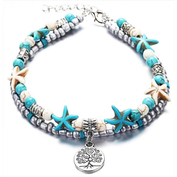 Enkelbandje Turquoise Trea of Life met turquoise zeesterren