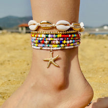 Afbeelding in Gallery-weergave laden, Enkelbandje set van 7 elastische kralen en kaurischelp Ibiza stijl dames
