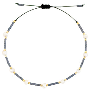 Enkelbandje Blue Anthracite Miyuki kralen en zoetwaterparels