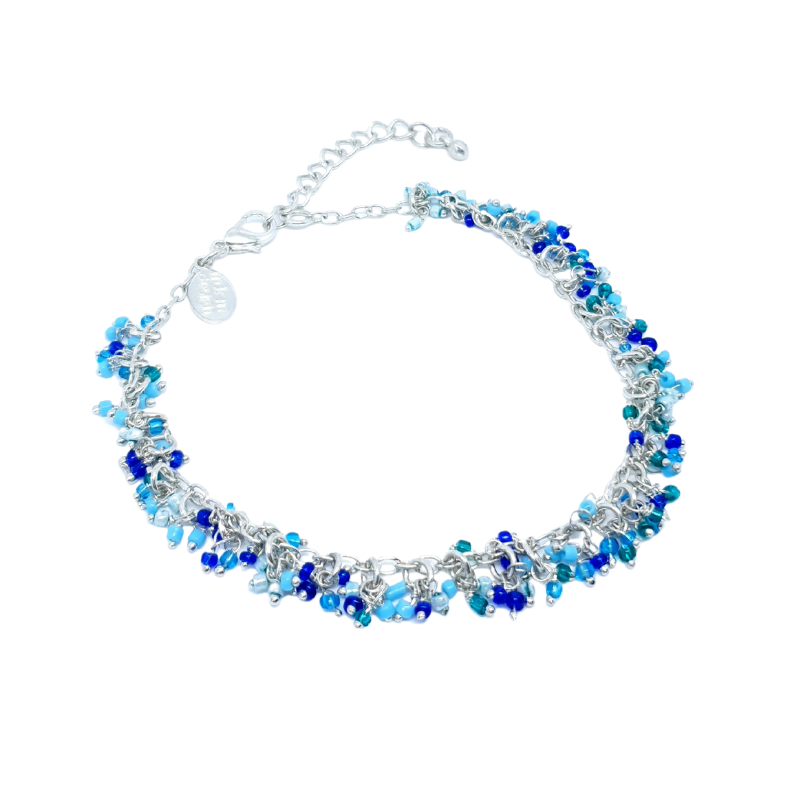 Enkelbandje RVS Zilver met kleine bedeltjes van blauwe glaskralen